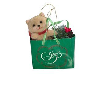 Vintage Christmas Joy Collectible Fuzzy Bear Ornament Gift Bag Decoration